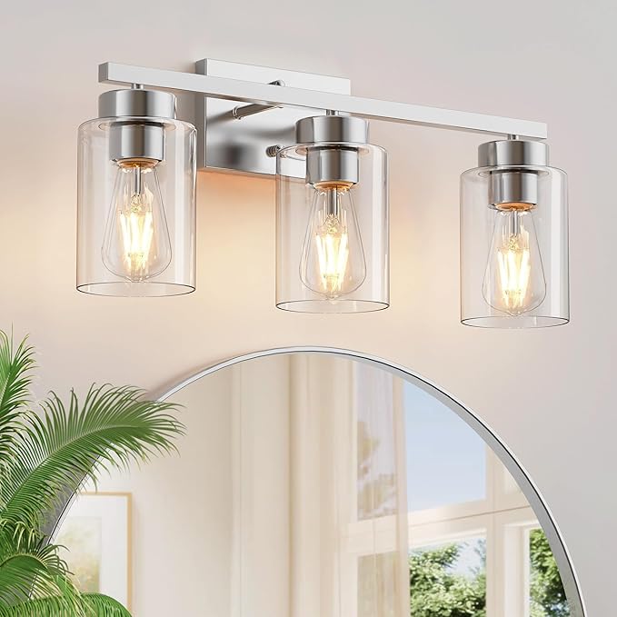 PARTPHONER 3-Light Bathroom Light Fixtures, Brushed Nickel Vanity Light with Clear Glass Shade, Modern Wall Sconce for Mirror Bedroom Living Room Hallway Lighting