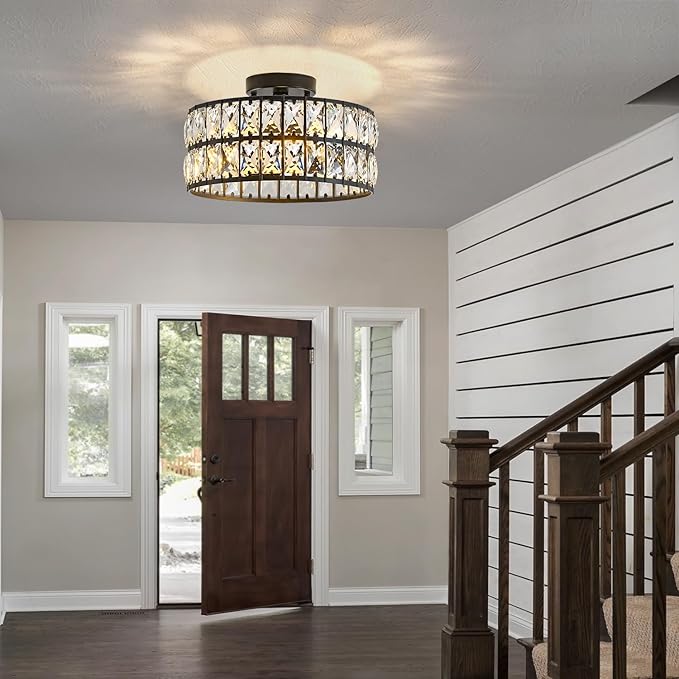 Modern Semi Flush Mount Ceiling Light, Black Ceiling Light Fixtures, 11.8inch 3-Light Crystal Chandelier for Bedroom, Hallway Light Fixture Ceiling Mount for Kitchen