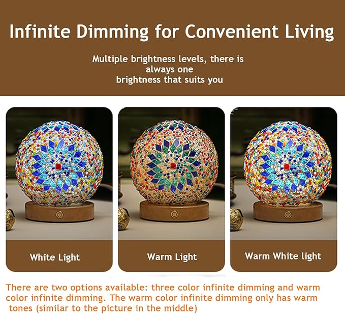 Turkish Table lamp (D:4.7" x H:5.2"),Mosaic Glass Lamps with Wooden Base, Bohemian Tiffany Bedside Lamps, USB Power Moroccan Lantern for Living Room Halloween Decorations (Boho - Sky Blue, Boho)
