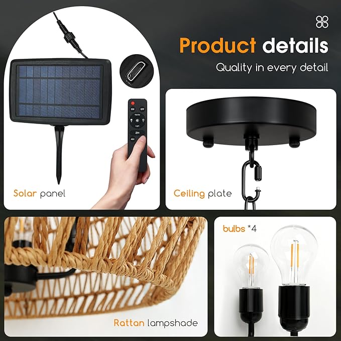 Solar Chandelier Outdoor 4-Light Rattan Chandelier Outdoor with Remote, Dimmable & Timer, Dual Power with USB, Boho Hanging Light for Porch, Gazebo, Patio, Pergola, Bulbs Included