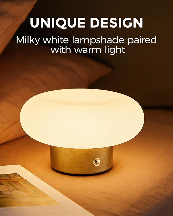 Cordless Table Lamp, Gold Rechargeable Battery Operated Lamp, Stepless Dimming Touch Lamp with Glass Lampshade for Bedroom, Living Room, Dining Table, Nightstand