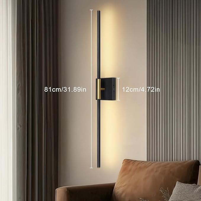 TaoFiaCo Battery Operated Wall Sconces Set of Two, Battery Wall Sconce with Remote Control, Black Gold Modern LED Rechargeable Wireless Sconces, Wall Lights for Bedroom, Living Room, 2Pack, 31.5Inch