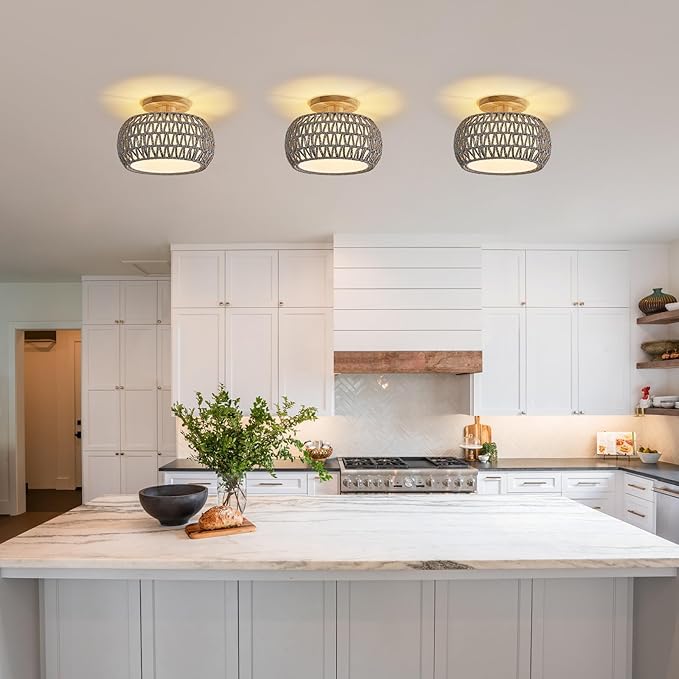 Boho Rattan Ceiling Light Fixture - 3 Style Options Wicker Semi Flush Mount Ceiling Lights,Grey Coastal Light Fixtures,Bohemian Woven Basket Chandelier for Hallway Bedroom Nursery Kitchen Laundry