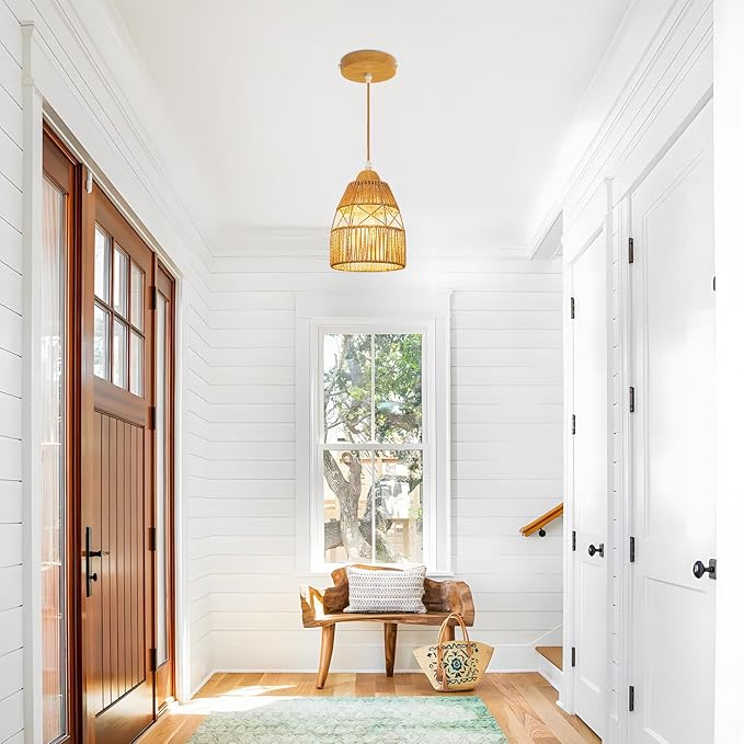 3 Pack Boho Rattan Pendant Light Kitchen Island,Farmhouse Chandeliers Adjustable Height Hanging lamp for Dining Room,Small Kitchen Ceiling Lights Fixtures with Woven Wicker Lampshade Lighting