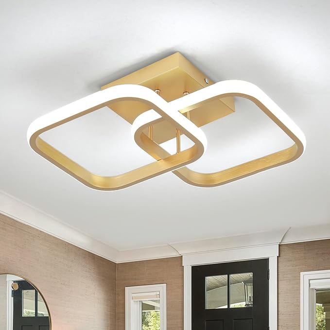 CANEOE 2 Packs Gold Led Ceiling Light Fixture,Modern Hallway Light Fixtures Ceiling Lighting,Square Close to Ceiling Lights for Bathroom Bedroom Kitchen Balcony Stair Small Hallway Lamp (Gold)