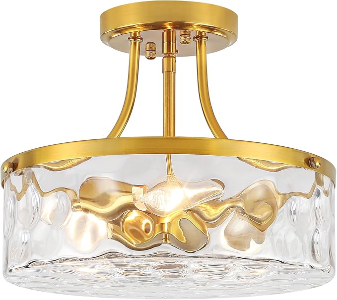 11.81" Modern Gold Semi Flush Mount Ceiling Light Hammered Glass Hallway Light Fixtures Entryway Light Fixture 3-Light Lighting Fixtures for Kitchen Island Dining Room Bedroom Laundry Room Lighting