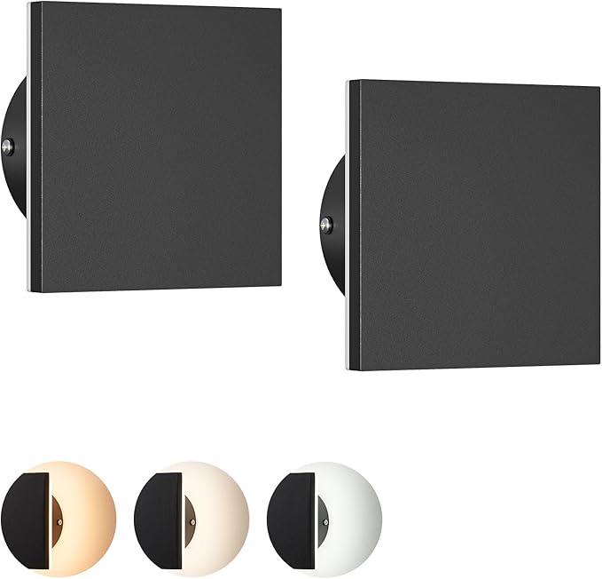 EDISHINE 2 Pack LED Wall Lights Outdoor Indoor, 3000K-5000K Dimmable Wall Sconce, 360° Backlit Square Modern Exterior Lighting Fixtures, IP65 Waterproof Aluminum Outside Porch Light, Black
