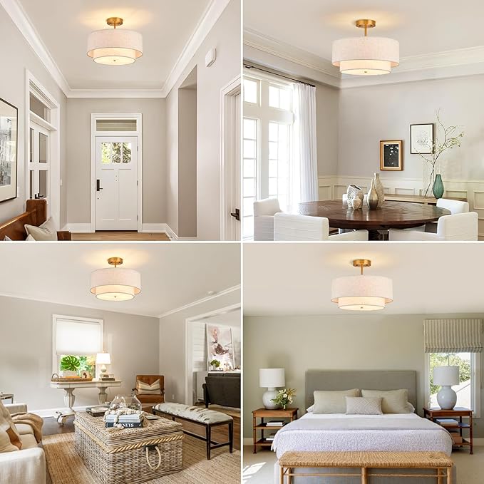 Flush Mount Ceiling Lights 16 Inch Fabric Semi Light Fixtures 3-Light Modern Drum Ceiling Light for Dining Room Kitchen Bedroom Foyer Hallway Entryway
