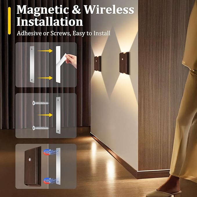 Rechargeable Motion Sensor Wall Light - 3 Colors Battery Powered Wireless Wall Sconces Set of Two with Remote, Magnetic Motion Sensor Stair Lights Indoor Night Light for Bedroom Hallway Closet, Walnut