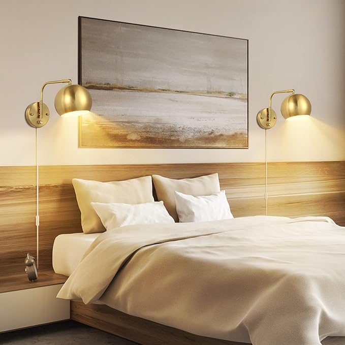 VATONI Wall Sconces Plug in, Dimmable Wall Sconce Swing Arm Wall Lights with Plug in Cord and Dimmer On/Off Knob Switch, Brushed Brass Globe Wall Light for Bedroom Bedside Hallway(2 Bulbs Included)