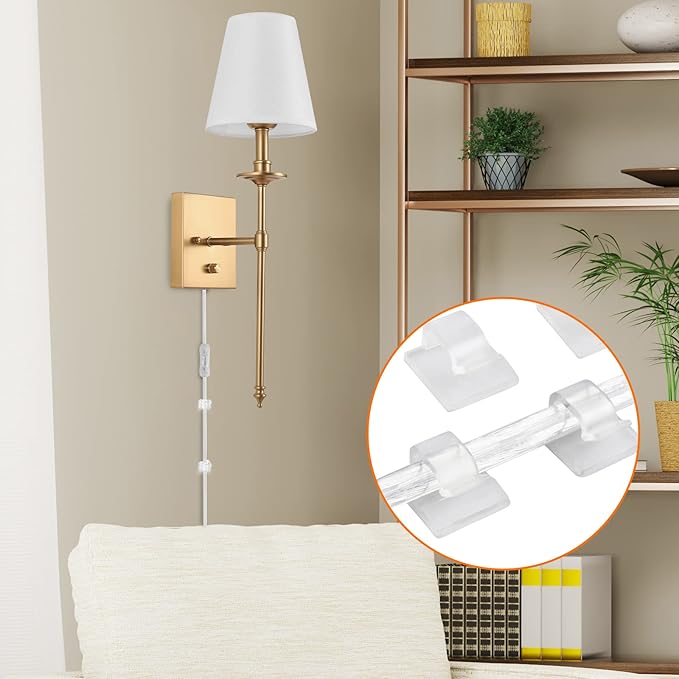 Dimmable Wall Sconces Set of Two, Plug in Wall Sconces White Fabric Shade, Wall Lamp for Bedroom, Living room, Plug in Wall Light Sconces Wall Decor Set of 2, LED Bulbs Included, Antique Brass