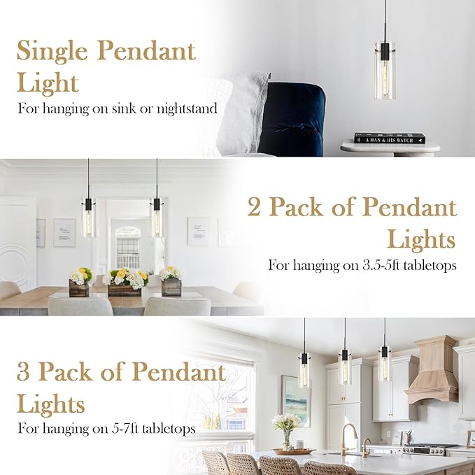 Glass Black Pendant Light, 3 Pack Modern Kitchen Island Pendant Lighting with Ribbed Glass, Adjustable Cord Minimalist Pendant Light for Over Island, Dining Room, Bathroom Bedroom