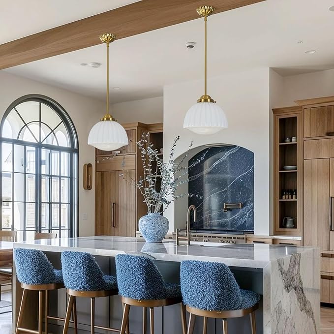 Milk Glass Pendant Light, 11" Brass Semi Flush Mount Pendant Light, Antique White Pleated Glass Chandelier, for Kitchen Island Lighting, Hallway, Bedroom, Dining Room, Foyer, E26 Bulb Included