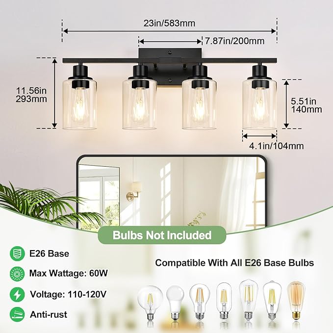 Indoi 4-Light Bathroom Light Fixtures, Matte Black Modern Vanity Lights with Clear Glass Shades, Bathroom Wall Lamp for Mirror Living Room Cabinet Bedroom Porch