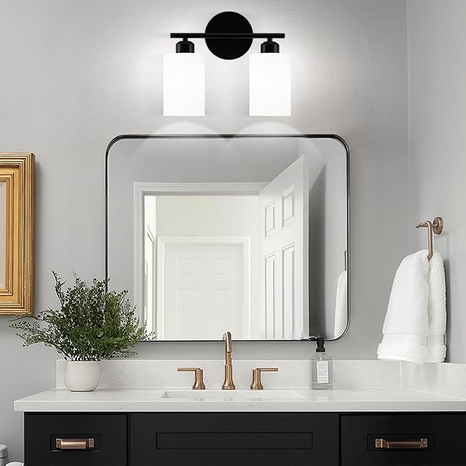 2-Light Bathroom Light Fixtures, Black Modern Vanity Lights with Milky White Frosted Glass Shades, Bathroom Wall Lamp for Kitchen Living Room Hallway