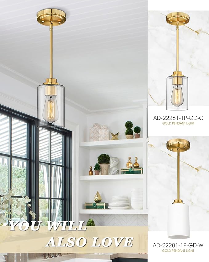 Brass Pendant Lights Kitchen Island 2 Pack, Farmhouse Gold Pendant Lighting with Clear Glass Shade, Mini Hanging Light Fixture for Kitchen Sink Dining, AD-22281-1P2-GD-C