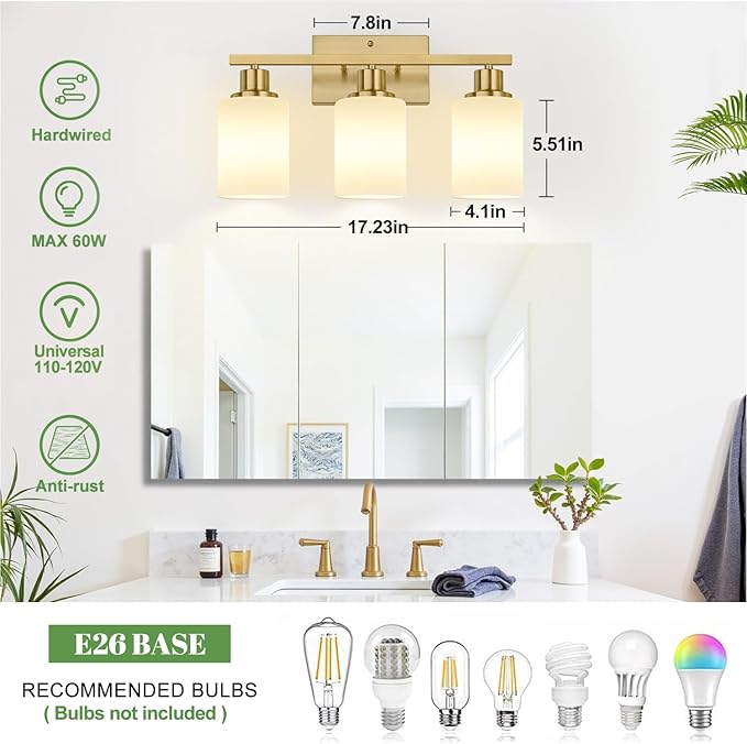 MOKATNG 3-Light Bathroom Light Fixtures, Brushed Gold Vanity Light with Milky White Shades, Bathroom Lighting Fixtures Over Mirror, Modern Bathroom Wall Lamp for Mirror Living Room Cabinet Bedroom
