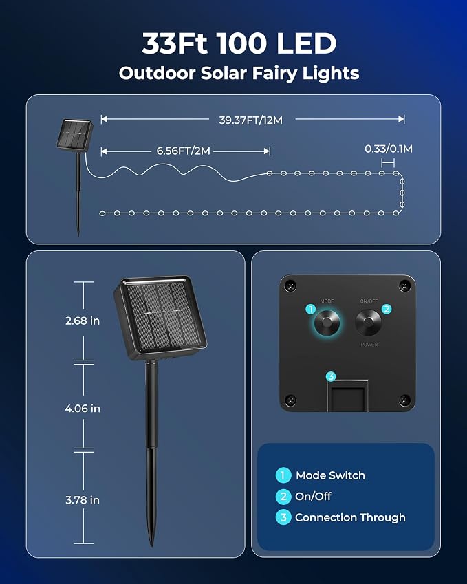 Solar String Lights for Outside, 33Ft 100 LED Fairy Lights Blue & white | IP65 Waterproof Solar Twinkle Lights Outdoor & Indoor, Patio Lights for Tree Garden Christmas Party Wedding Decoration