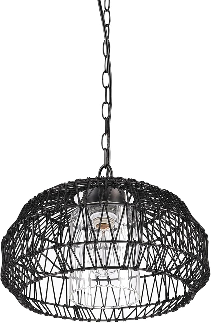Globe Electric 44759 1-Light Outdoor/Indoor Plug-in Pendant Light, Black Woven Fabric Shade, Matte Black Finish, 20-Foot Designer Cord, Weather Resistant
