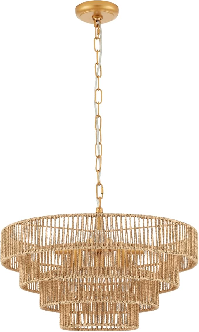 6-Lights Hand-Woven Rattan Pendant Light 4 Round Transitional Minimalist Boho Large Pendant Light for Kitchen Island Dining Room Living Room Hallway, Dia 20 Inch, UL Listed