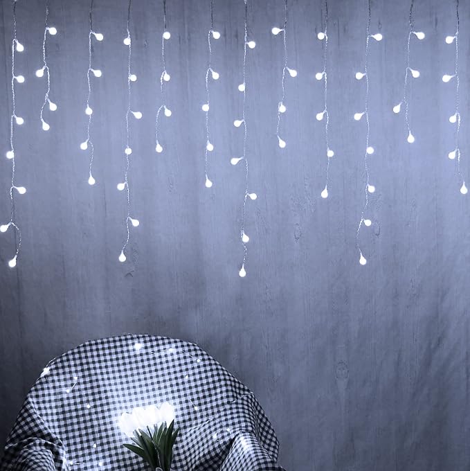 YOLIGHT Fairy Curtain Lights, USB/Battery Powered Ball Icicle Light 13ft 96 LED Globe String Hanging Lights for Bedroom Dorm Wedding Party Christmas Decoration (White)