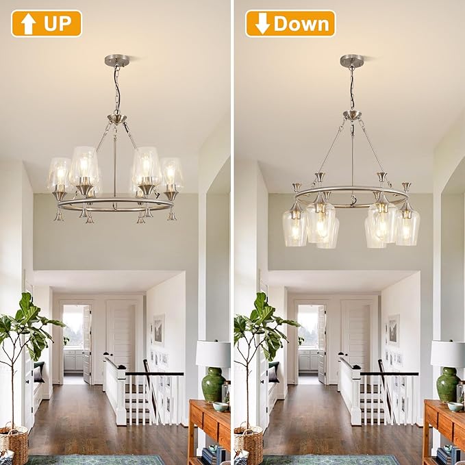 25" Farmhouse Chandelier, 6-Light Brushed Nickel Chandeliers for Dining Room Light Fixtures Over Table, Modern Industrial Hanging Lighting with Clear Glass Shade for Living Room, Kitchen Island, Foyer