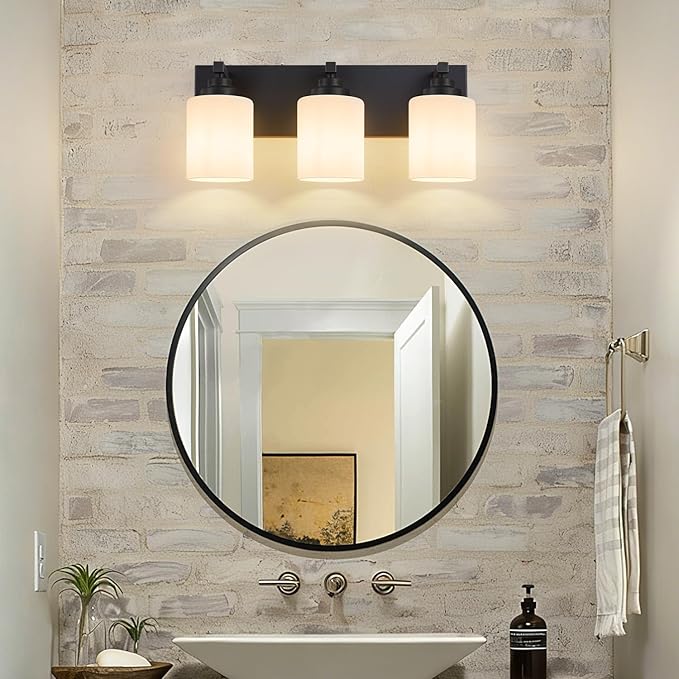 Bathroom Vanity Light Fixture, 3-Light Matte Black Bathroom Light Fixtures Over Mirror with Milky White Glass Shades, Modern Vanity Lights for Bathroom Living Room Hallway (Bulbs Not Included)