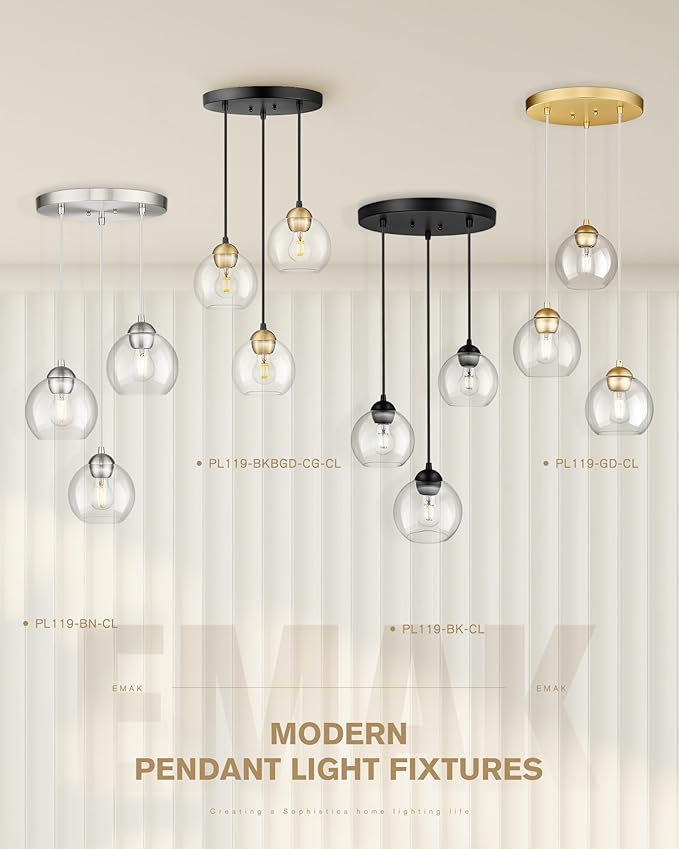 Emak Black and Gold Pendant Lights Kitchen Island, 3-Light Pendant Light with 7 Inch Globe Glass Shade, Modern Farmhouse Cluster Kitchen Island Lighting for Dining Room, Bathroom, PL119-BKBGD-CG-CL