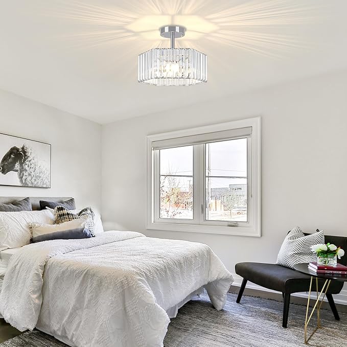 TOULMJ Crystal Semi Flush Mount Ceiling Light, 3-Light Modern Close to Ceiling Light Fixtures, Chrome Hallway Light Fixtures Flush Mount Chandelier for Entryway Kitchen Bedroom Bathroom Laundry Room