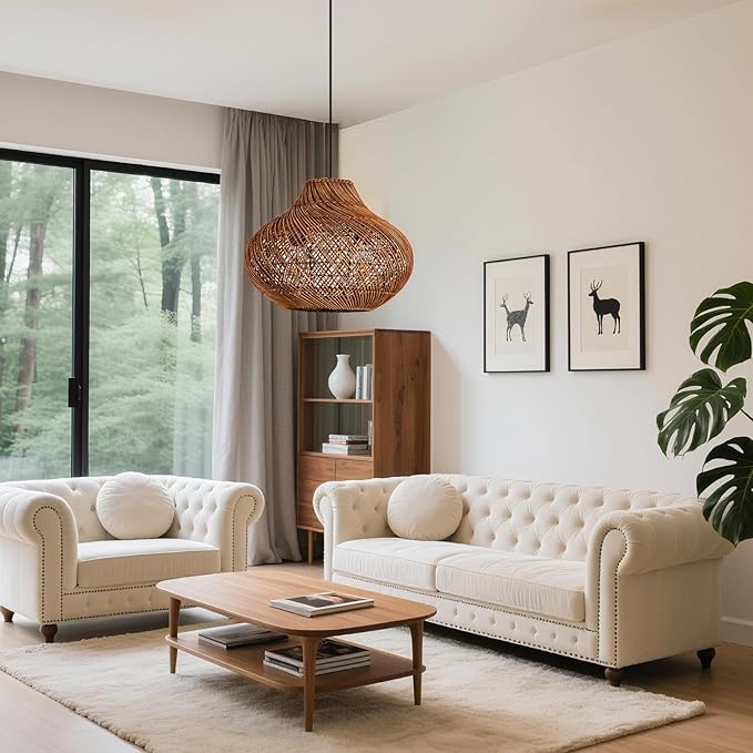 2-Light Dark Brown Rattan Pendant Light,14.96" Round Rustic Hanging Light,Curry Wicker Pendant Light Hand-Woven Rattan Chandelier for Workplace Dining Living Bedroom Kitchen Farmhouse