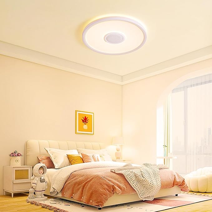 RGB LED Ceiling Light, with Bluetooth Speaker, 24W 11Inch Smart Music Ceiling Lamp with App and Remote Control, 3000K-6500K Color Changing Lights Fixture for Child Bedroom Bathroom, White