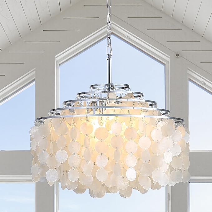 24" Capiz Shell Chandelier Dining Room Chandeliers Bathroom Pendant Light 6 Light Coastal Ceiling Hanging Light for Kitchen, Living Room,Bathroom and Bedroom,Natural Pearl Color
