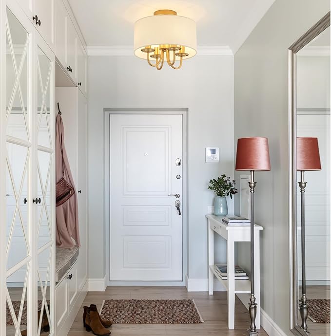 VILUXY Gold Semi-Flush Mount Ceiling Light Fixture with White Fabric Drum Shade Modern Farmhouse Linen 4 Lights Ceiling Lmaps for Bedroom, Dining Room, Corridor, Living Room