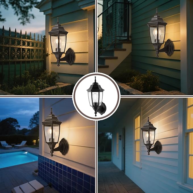 Photocell-Controlled Outdoor Wall Light – Die-Cast Aluminum & Glass Water-Resistant Exterior Fixture, Wet Location Rated, E26 Base (60W Max) for Porch, Garage, Garden(Black)