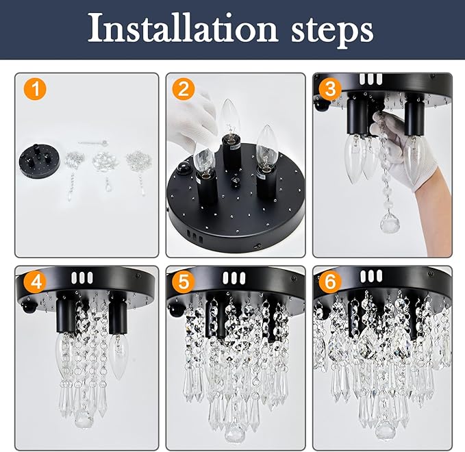 YYJLX Indoor Motion Sensor Ceiling Light Modern Crystal Chandelier Black Mini Flush Mount Light Fixture for Hallway Closet Porch Hall Front,3 Light E12.
