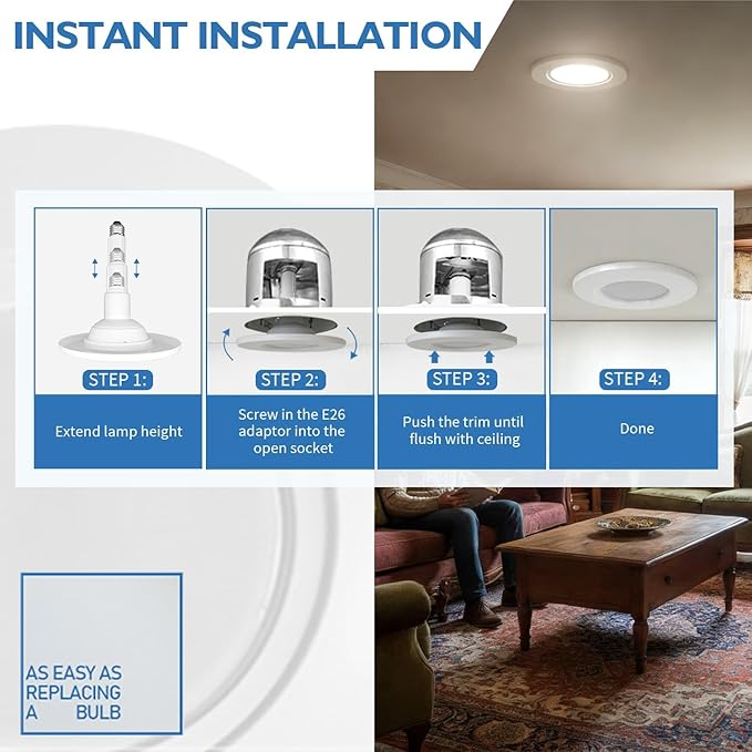 Jolux 5/6" Adjustable Height LED Retrofit Recessed Lighting 4 Pack,Dimmable Can Light,800 lumens 4000K Cool White,12W=60W,ETL Damp Rated,Easy Screw-in Install,Flat Trim,