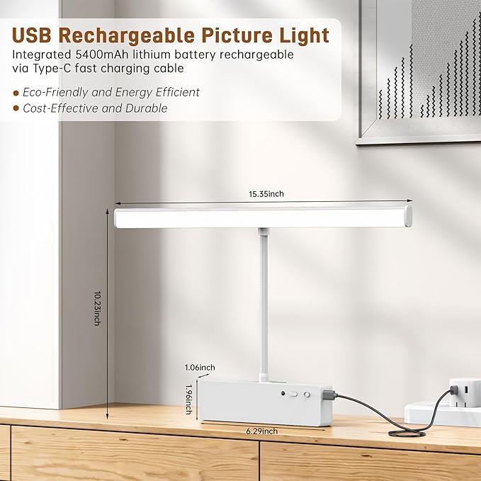 Picture Light, 15.35inch Wireless Picture Lights for Wall Rechargeable, Battery Lights for Pictures on Wall, 3 Color Art Lighting for Paintings with Timer and Dimmable Artwork Display (White-2PCS)