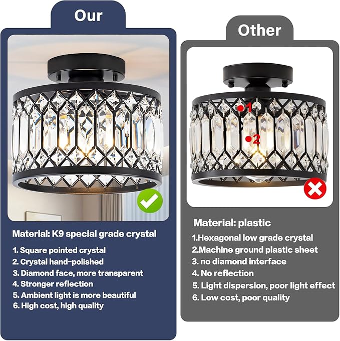 Crystal Black Ceiling Lights 9 Inch Modern Semi Flush Mount Ceiling Light Fixture,Farmhouse Rustic Chandelier for Entryway Porch Aisle Corridor Balcony