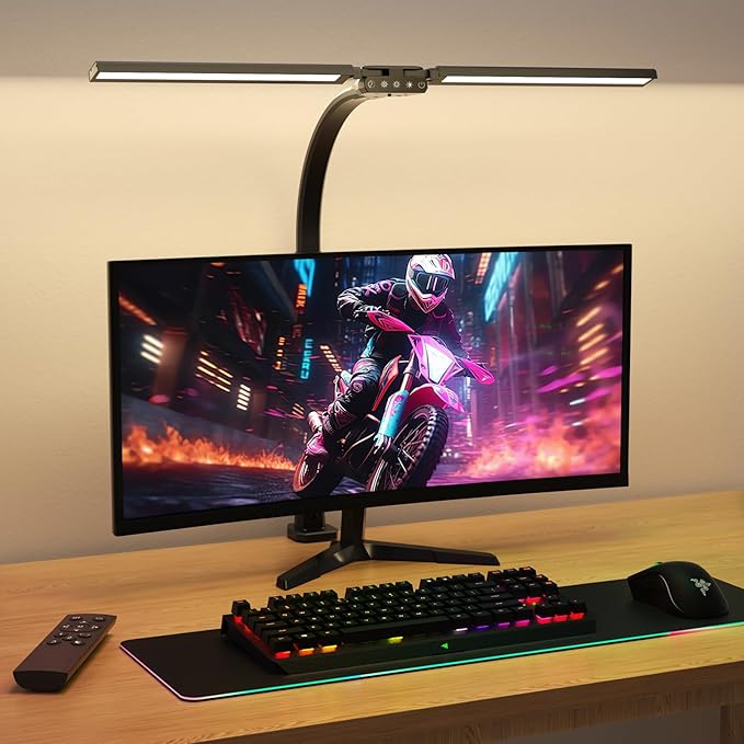 SIBRILLE Upgraded Desk Lamp for Home Office - Dimmable Computer Desk Light with Remote, Modern Architect Task Lamp with Color Changing, Flexible Desktop Lamp with Gooseneck for Monitor, Double Head