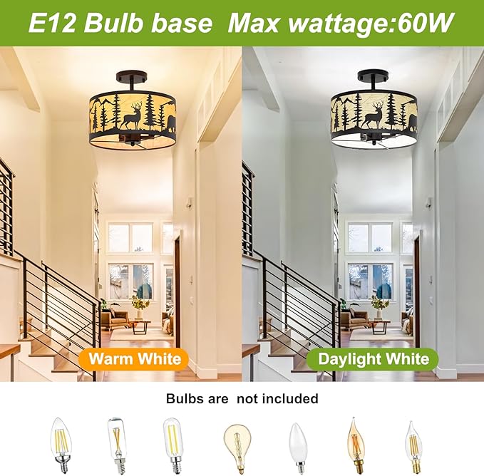 Rustic 3-Light Semi-Flush Mount Ceiling Light Fixtures, E12 Base Black Round Farmhouse Metal Light Fixtures for Kitchen, Hallway, Living Room, Industrial Style with Deer, Bear, Tree Design- Lampshade