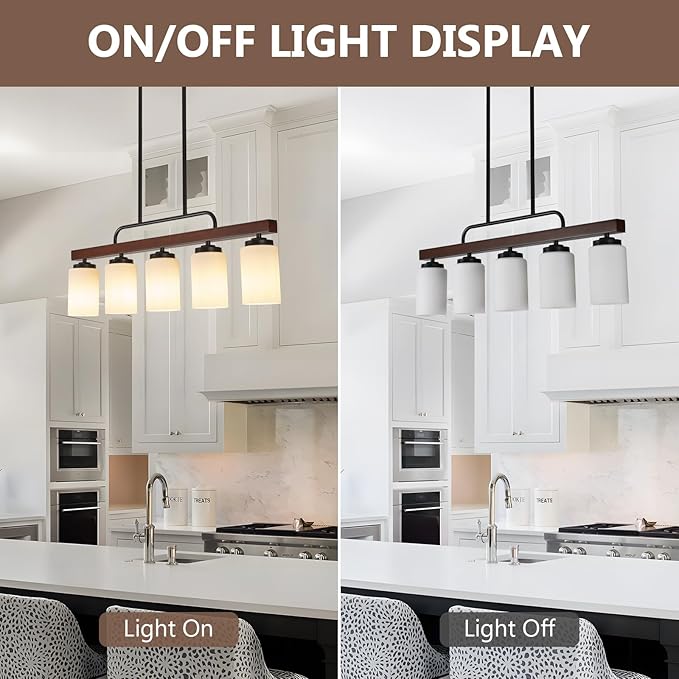 Farmhouse Dining Room Light Fixture Over Table, Black 5-Light Wood Kitchen Island Lighting with Milk White Glass, Industrial Linear Chandelier Pendant Lights