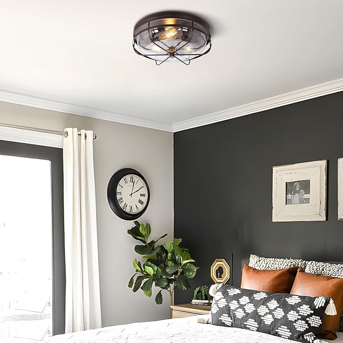 16 Inch Light Fixtures Ceiling Mount, Close to Ceiling Light with Seeded Glass, Outdoor Indoor Flush Mount Ceiling Light for Bedroom Living Room Kitchen Porch Hall Patio, ROS91AL-ORB