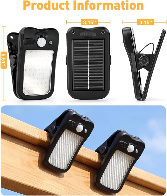 2 Pack Clip On Solar Lights Outdoor, 60 LED 500LM Motion Sensor Clamp Light