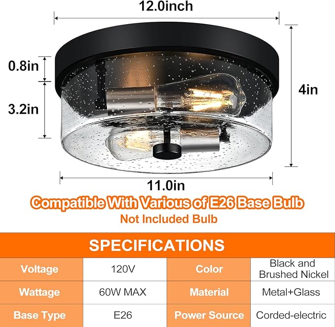 Flush Mount Ceiling Light Fixtures, 2-Light Black and Silver Ceiling Mount for Farmhouse with Seeded Glass Lampshade, Industrial Flush Mount Light Fixture for Hallway, Kitchen, Entryway and Foyer