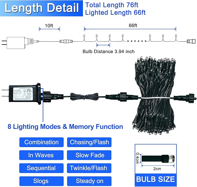 JMEXSUSS 200 LED Blue Christmas Lights Outdoor, Expandable 66ft Blue String Lights Green Wire, 8 Modes Twinkle Xmas Tree Light Plug in for Party Indoor Ceiling Beroom Patio Fence Yard Decor