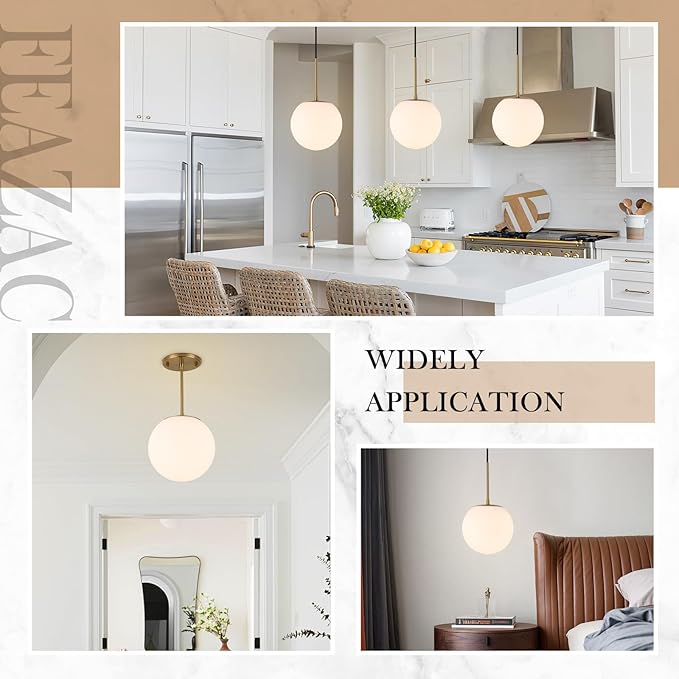 Milk Globe Pendant Light, Mid Century Modern Ceiling Hanging Lights Fixture with Height Adjustable, Brass Gold Pendant Lighting for Kitchen Island, Hallway, Dining Room, Living Room (2 Pack)