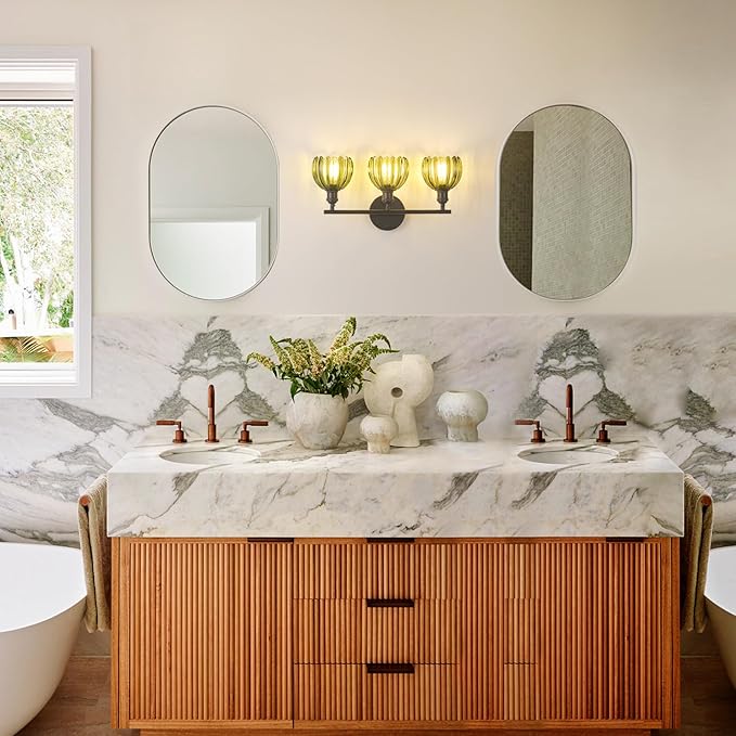 Shenmoyl Bathroom Light Fixtures, 3-Light Black Vanity wall Light Over Mirror with Green Tulip Glass Shade for Bedroom Living Room (Bulb Not Included)