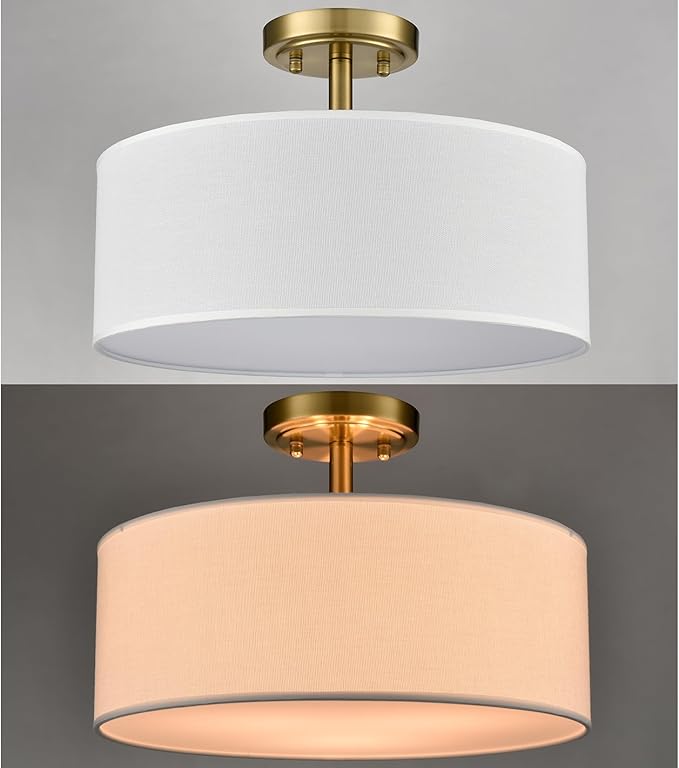 3-Light Gold Semi Flush Mount Ceiling Light Fixture, 15-Inch Drum Light Fixtures Modern Brass Close to Ceiling Light for Bedroom Hallway Living Room Kitchen