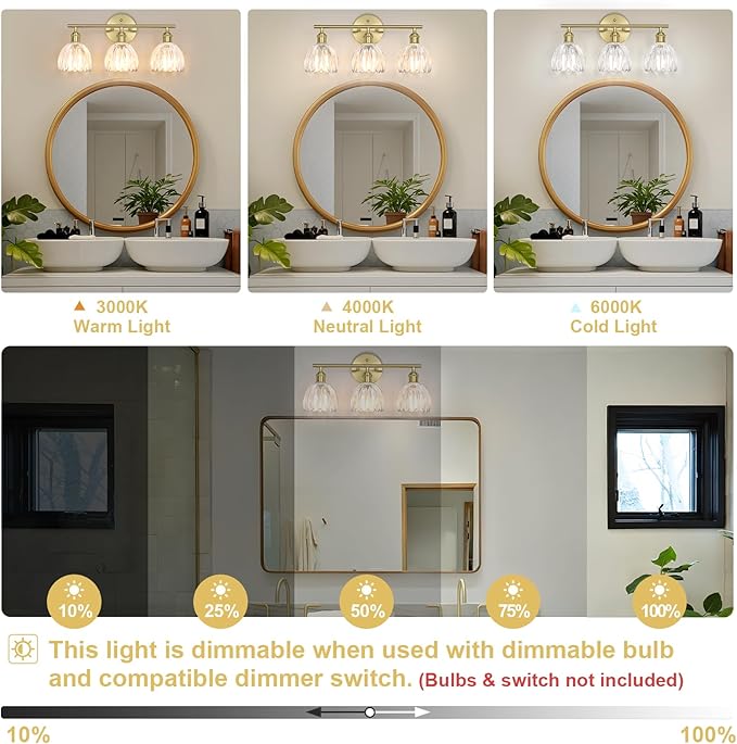 Vintage Bathroom Light Fixtures,3-Light Hardwired Vanity Lights with Clear Tulip Glass Shade,Gold Bathroom Vanity Light for Mirror Restroom,E26 Socket,18.5 in(Bulbs Not Included)