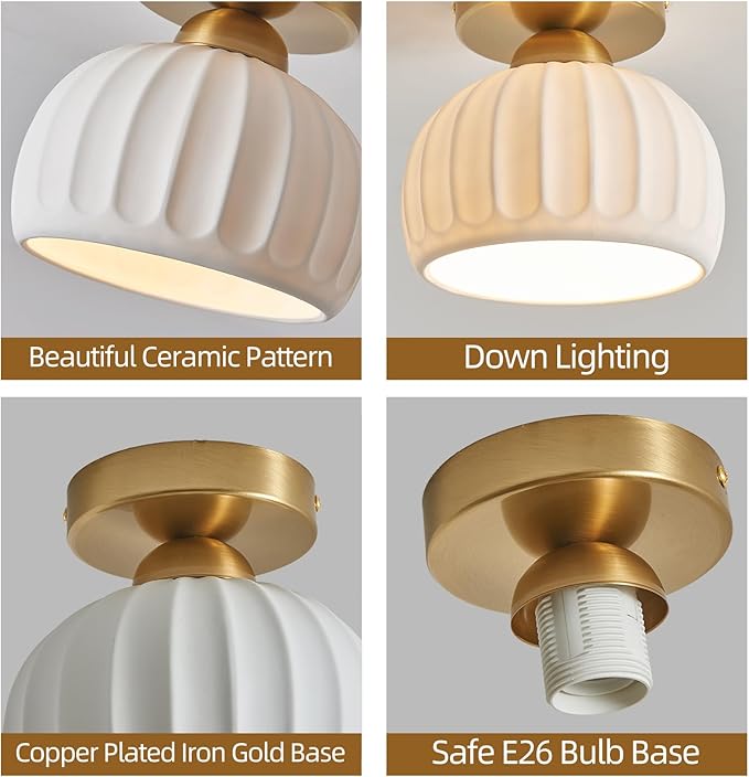 2 Pack Ceramic Gold Semi Flush Mount Ceiling Light Vintage Hallway Light Fixtures, Modern Small Ceiling Mount Light Lamp for Hall Kitchen Entryway Passway Porch Foyer